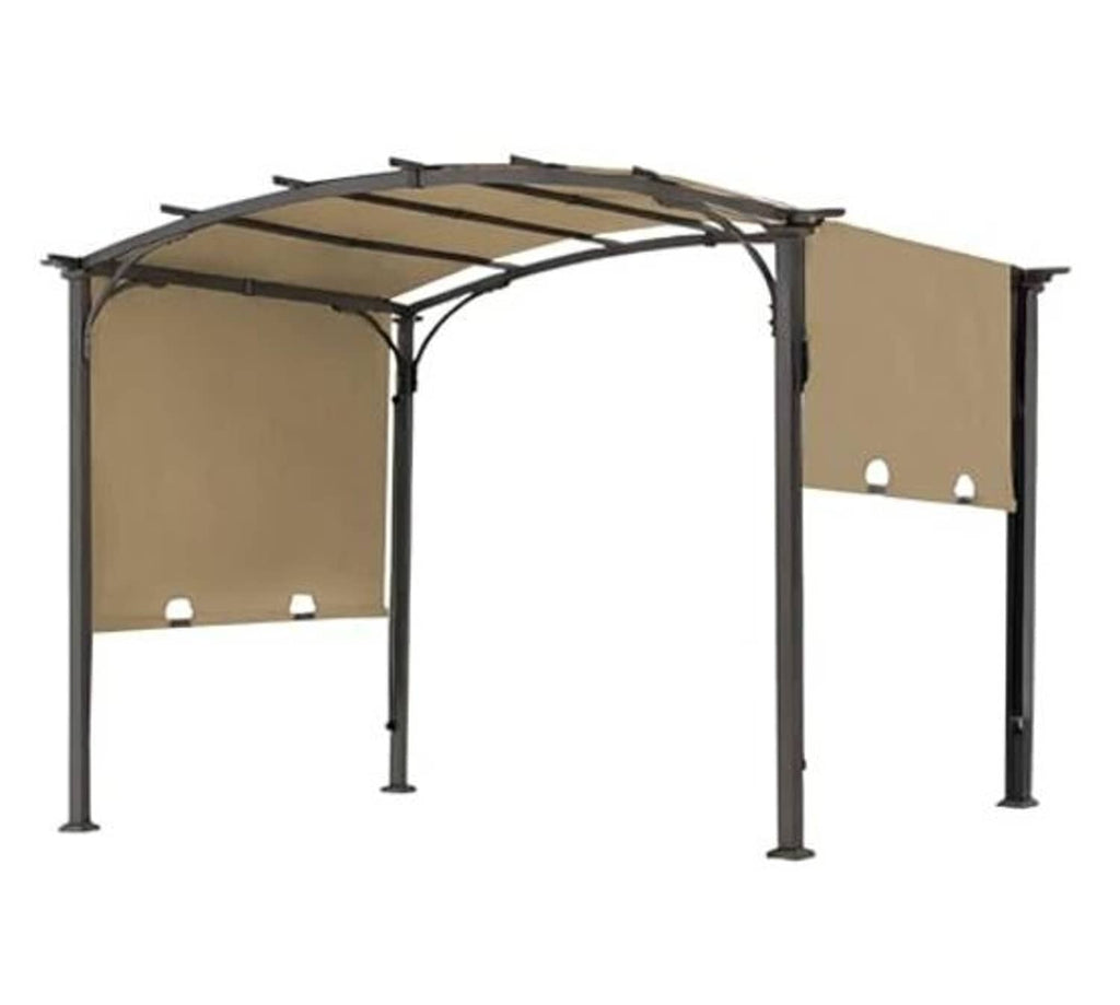Khaki pergola replacement canopy with arched top and side curtain panels