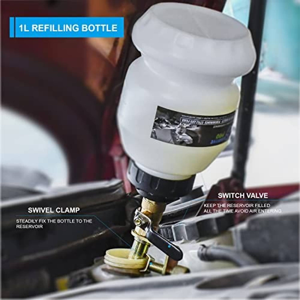Brake bleeder refilling bottle kit with white reservoir and brass switch valve connector