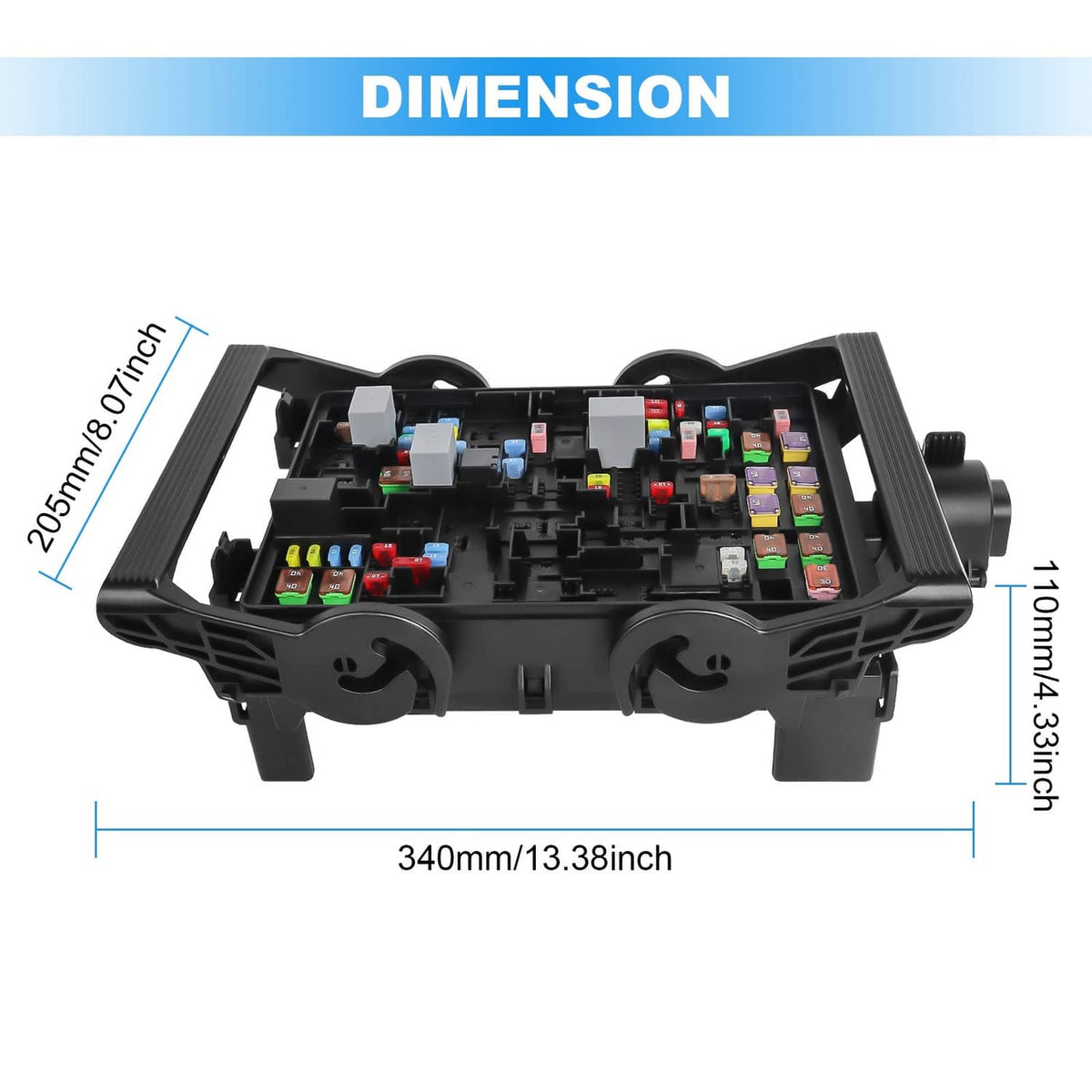 Black fuse box junction block with open front showing relay and fuse rows
