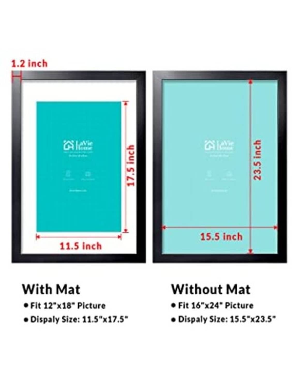 Black picture frame size chart with mat vs without mat dimensions in inches.