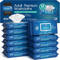 Adult pre-moistened washcloth wipes, white cloths in blue multi-pack box