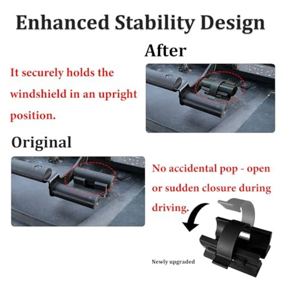 Windshield stability mechanism diagram showing upright locking, plus close-up of brackets