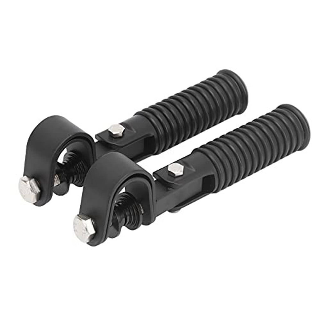 Pair of black motorcycle foot pegs with ribbed rubber pads and bolt-down clamp blocks