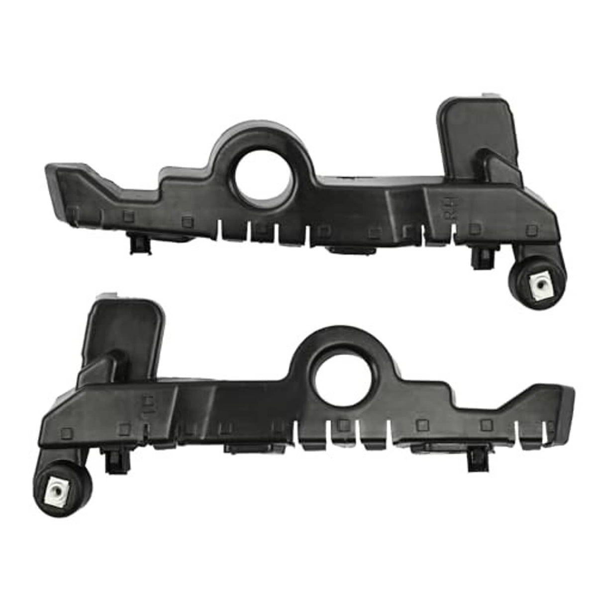 Pair of black bumper guide brackets with circular openings and corner mounting caps