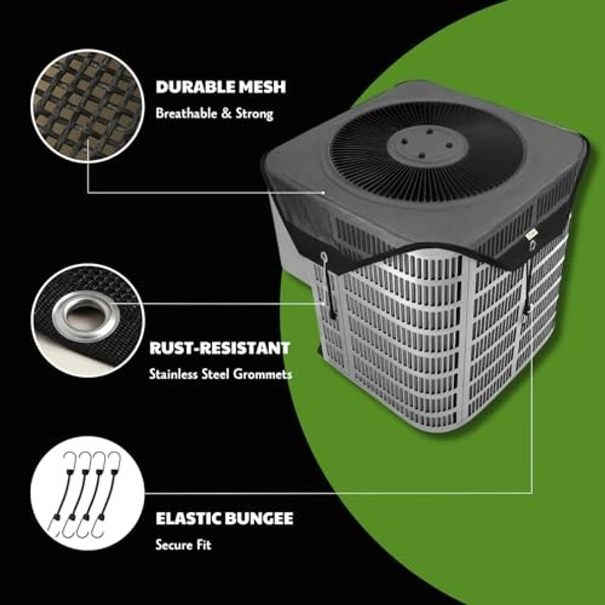 Durable mesh AC cover with rust-resistant grommets and elastic bungee cords