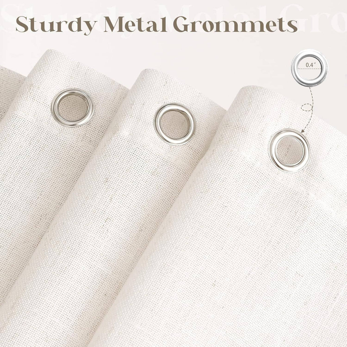 Sturdy metal grommets on cream linen blend shower curtain top