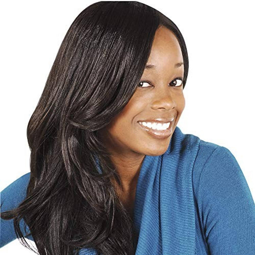 Woman with smooth, glossy dark hair styled into loose waves