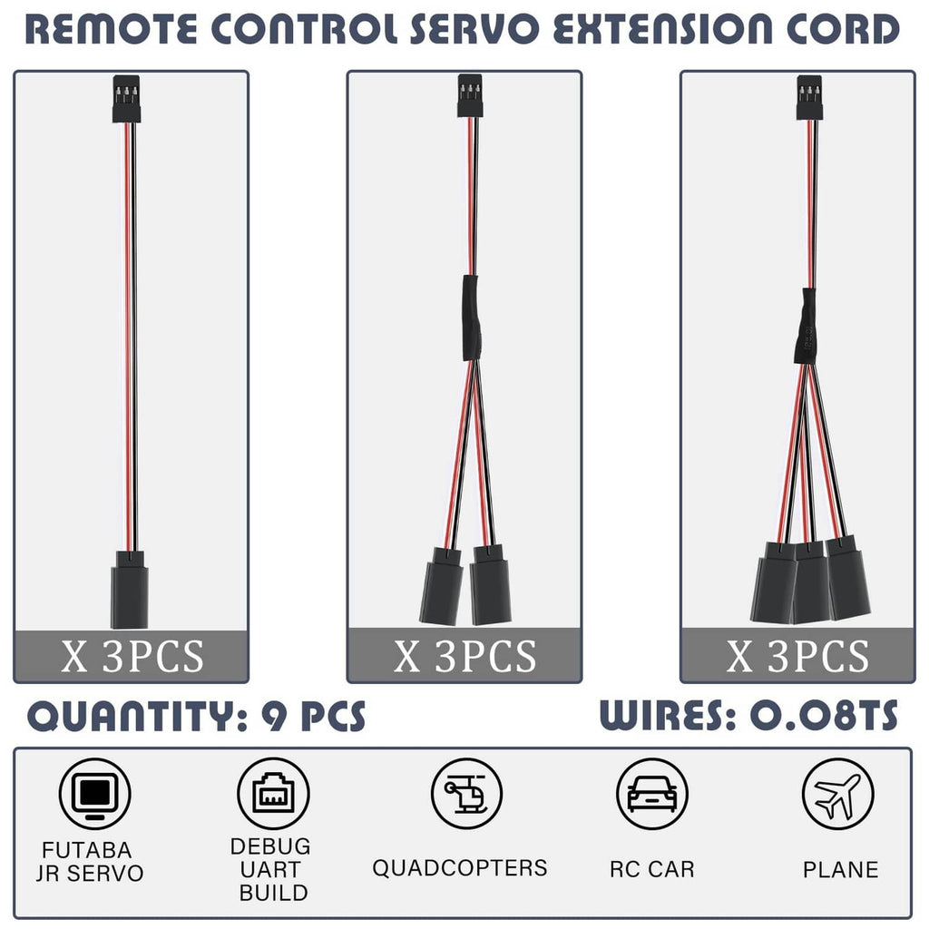 Black 3-pin servo extension cords with Y-split connectors and three lead branches