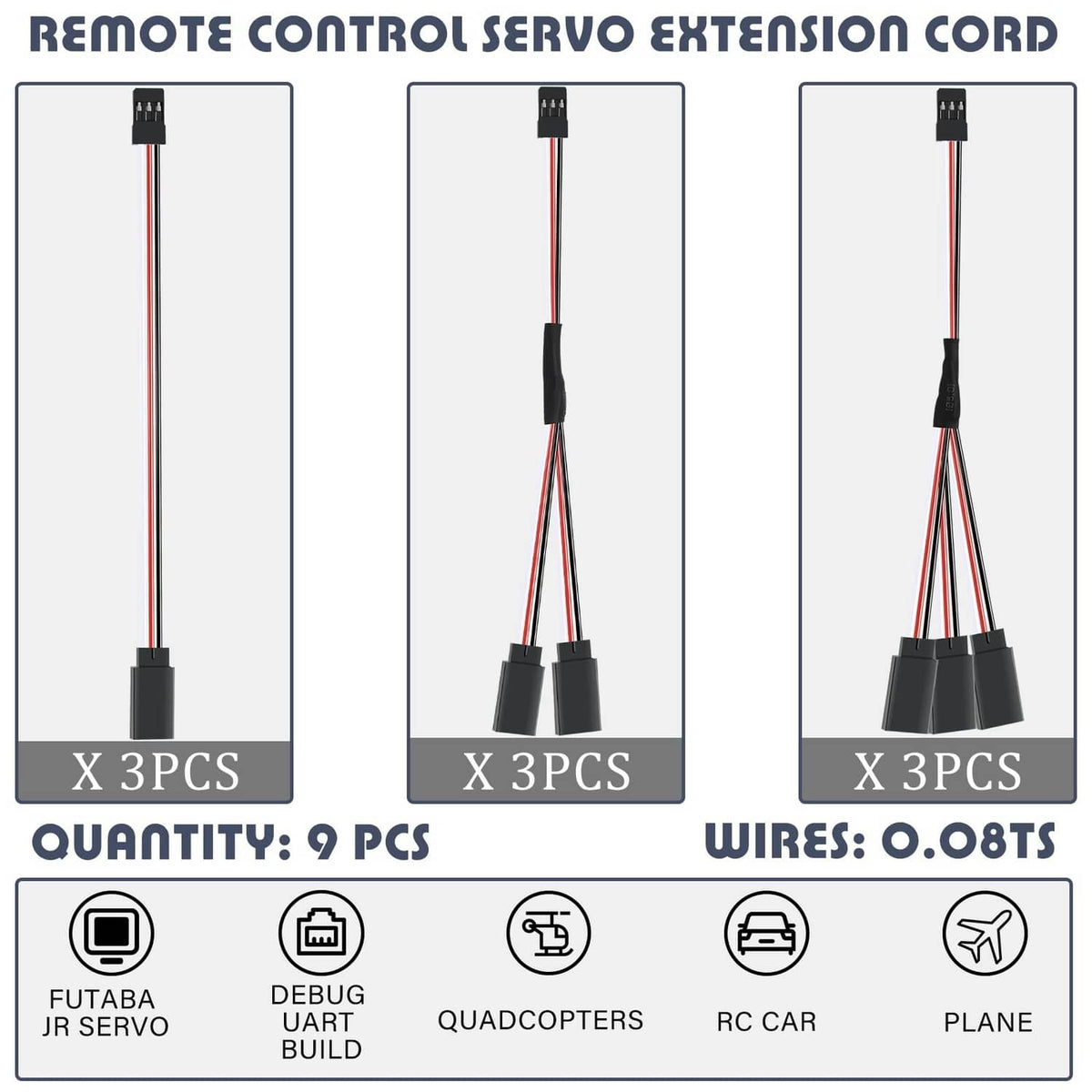 Black 3-pin servo extension cords with Y-split connectors and three lead branches