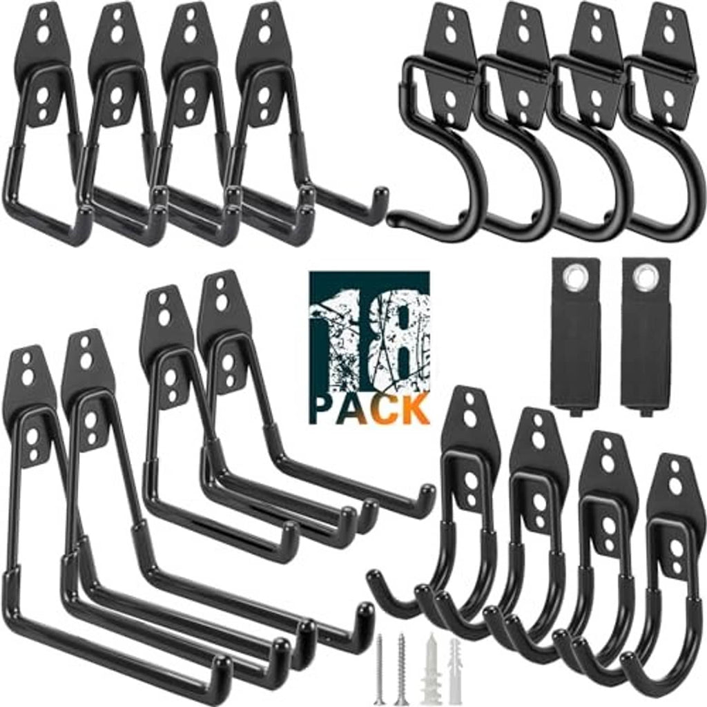 Black garage hook set with curved hooks and mounting plates, 18-pack assortment