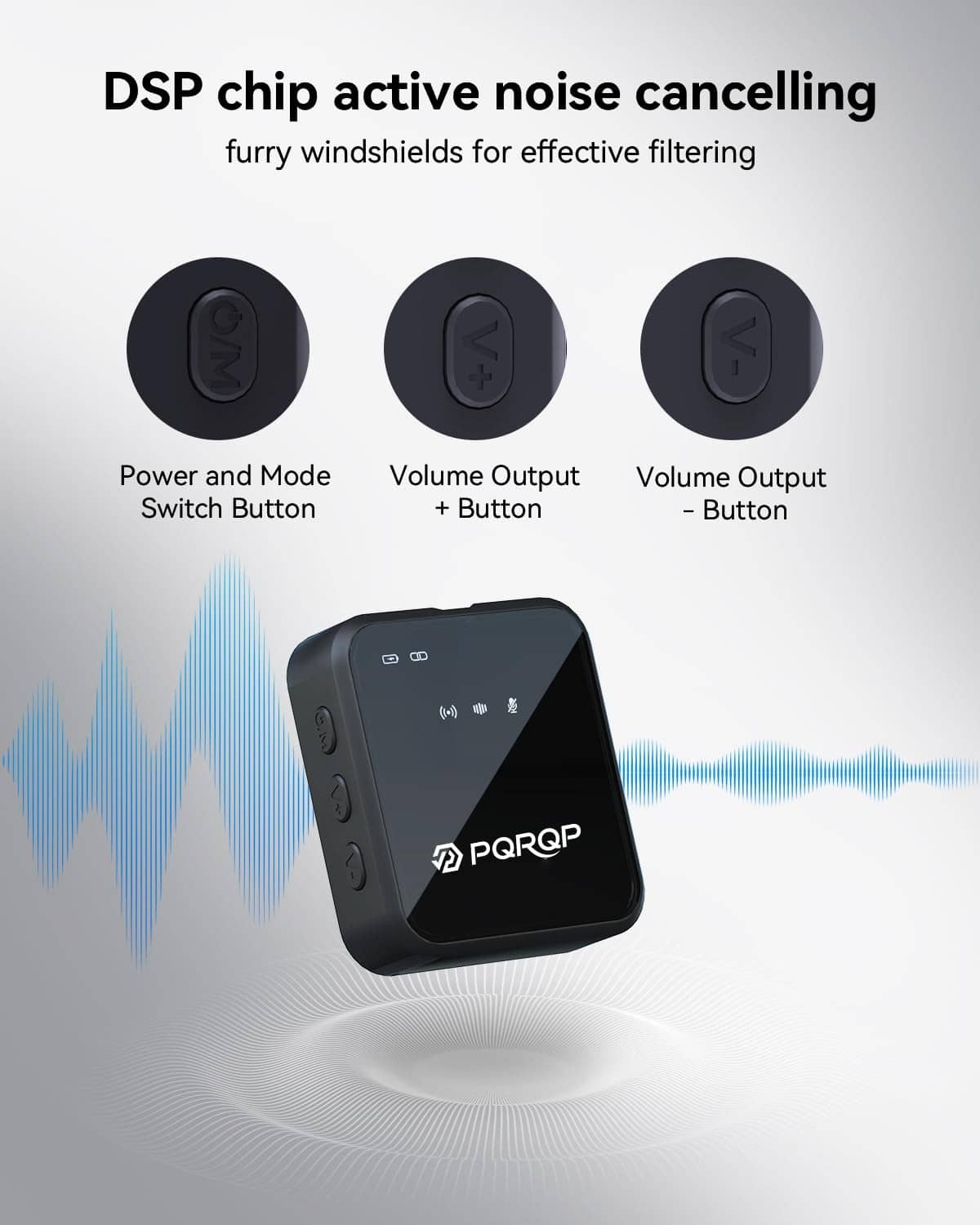 Wireless lavalier microphone transmitter with volume and power buttons, dark housing