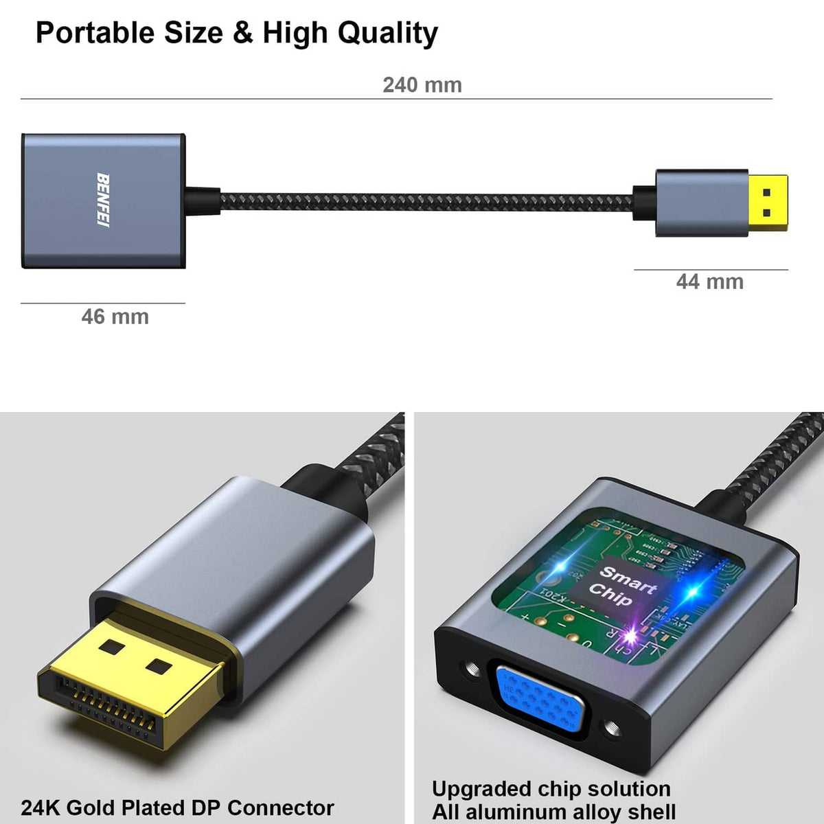 Portable grey adapter with braided cable, gold-plated DisplayPort plug and blue VGA port