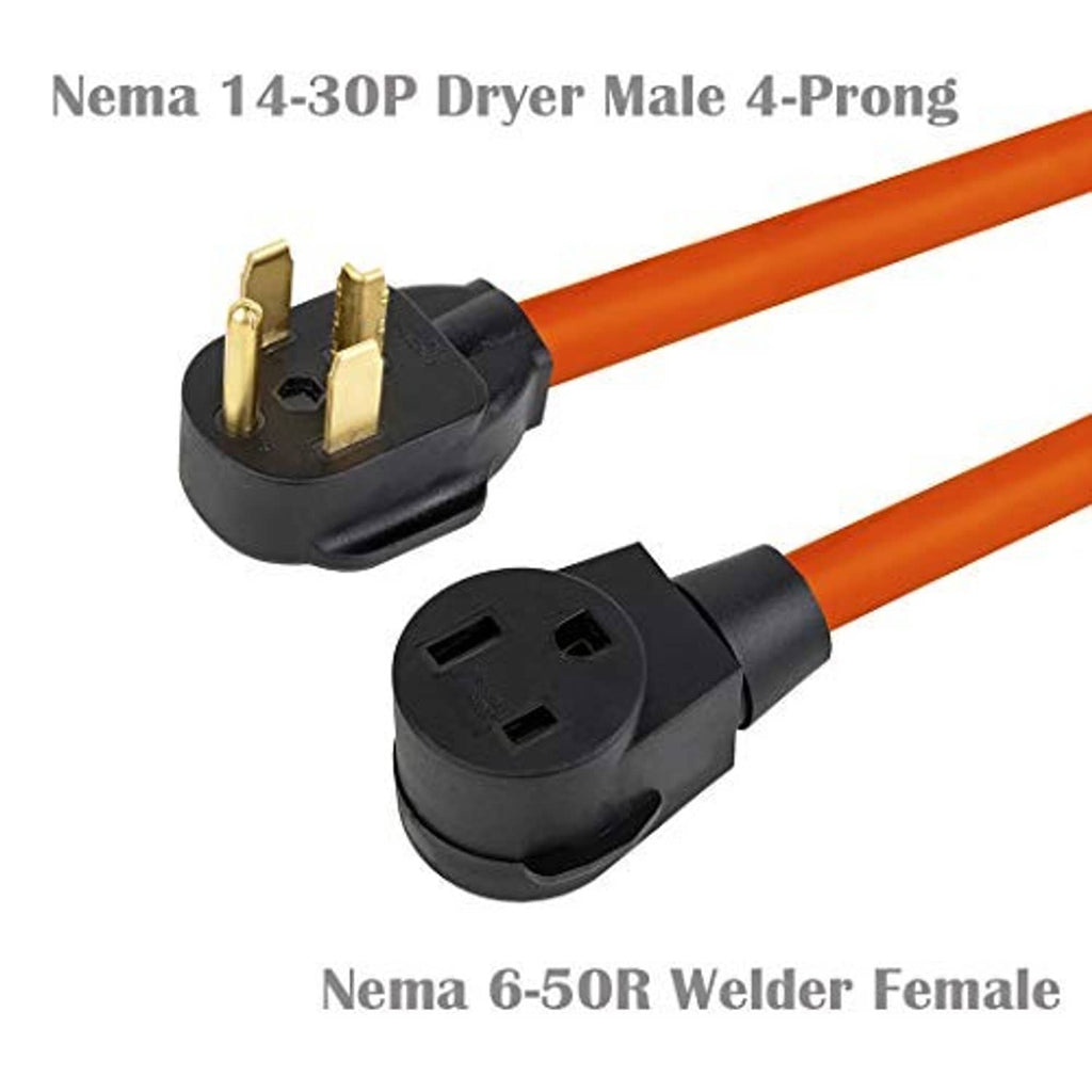 Orange adapter cable with black NEMA 14-30P male and 6-50R female plugs