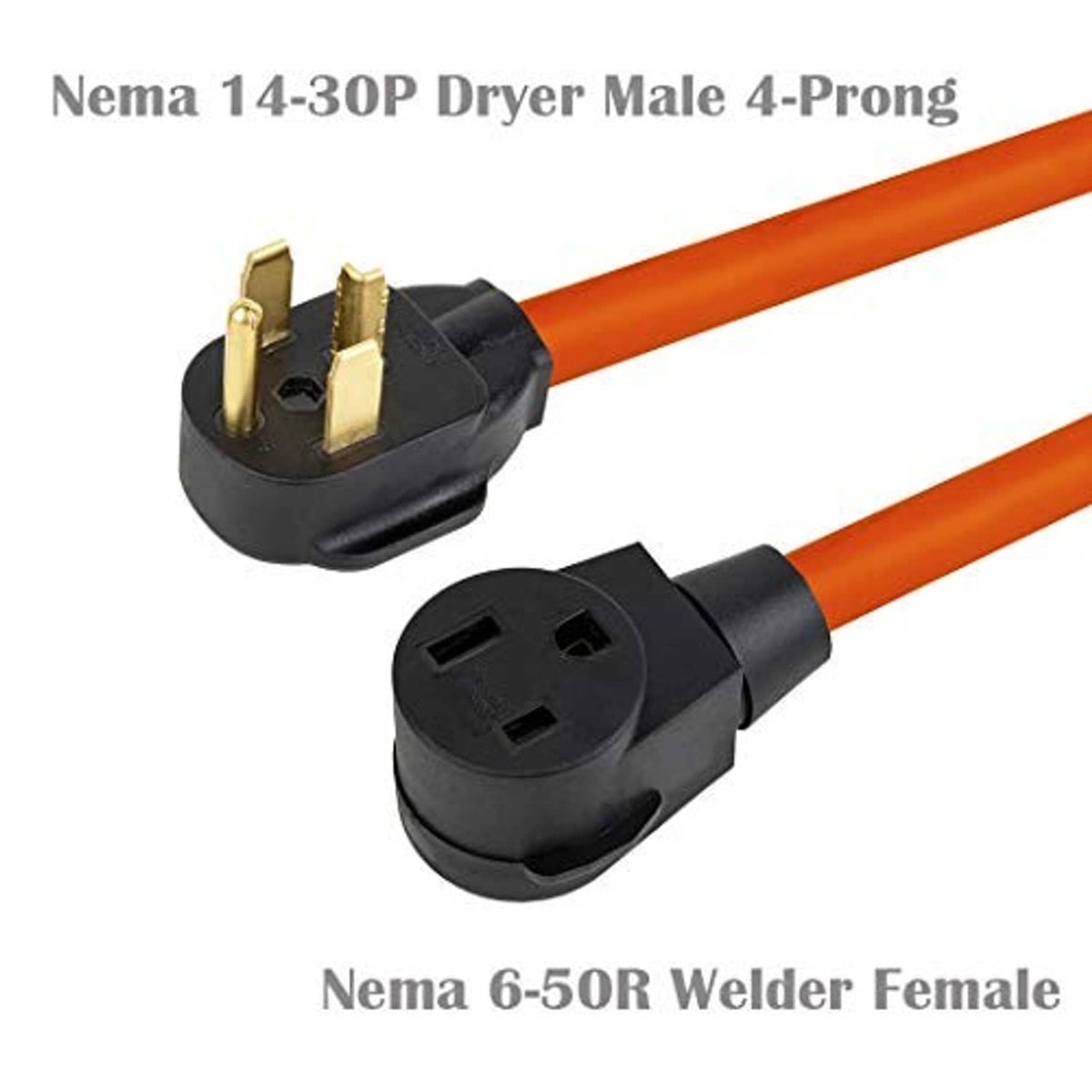 Orange adapter cable with black NEMA 14-30P male and 6-50R female plugs