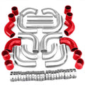 Turbo piping kit with red silicone couplers, silver aluminum pipes, and hose clamps