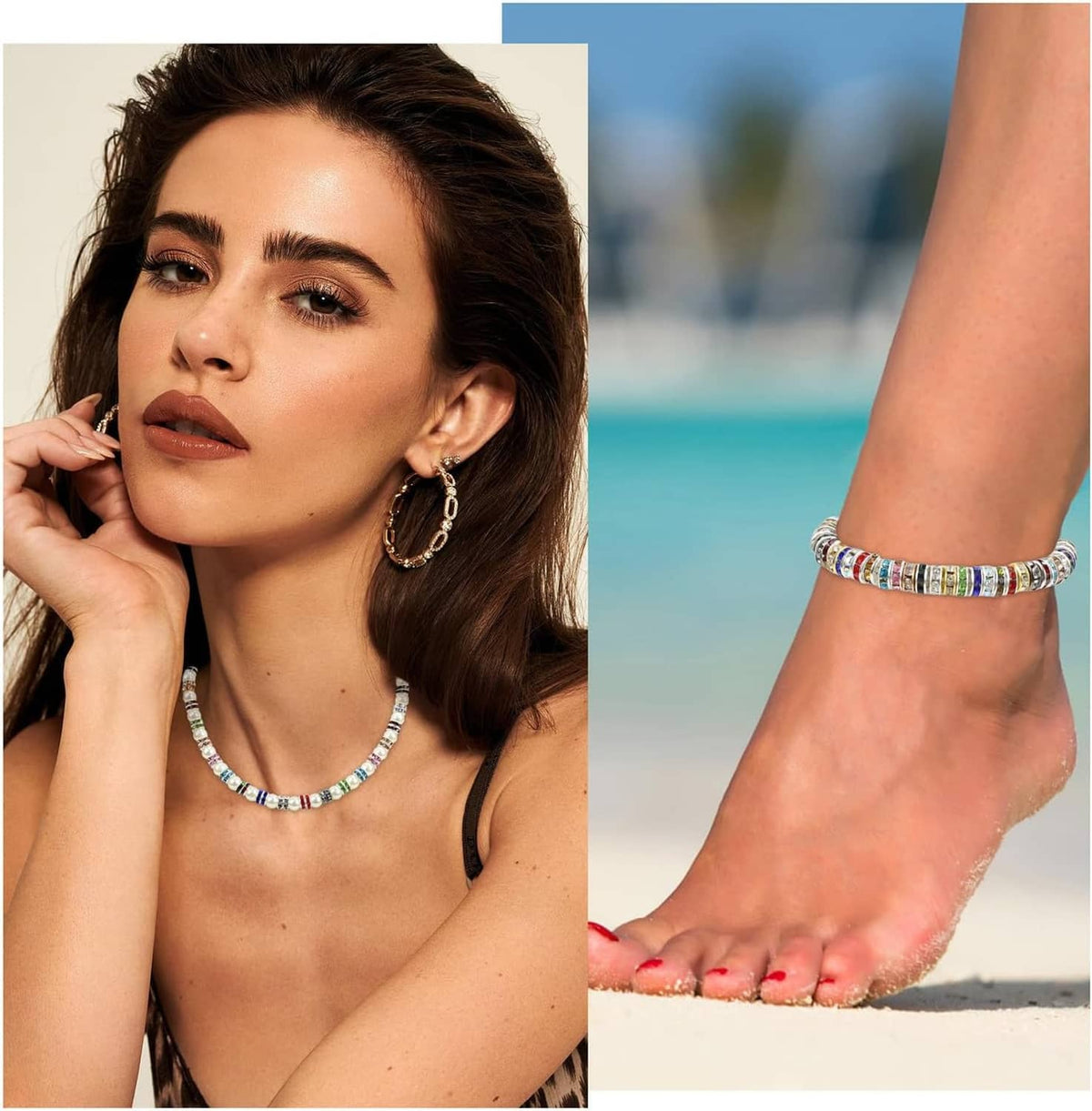 Rhinestone rondelle spacer bead jewelry on model: necklace and bracelet