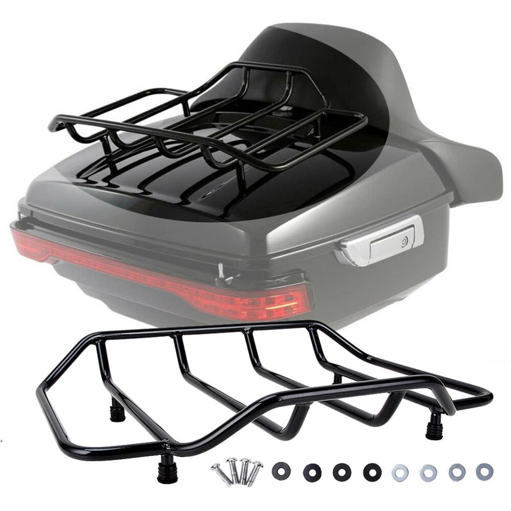 Black top luggage rack with crisscross support bars and mounting studs