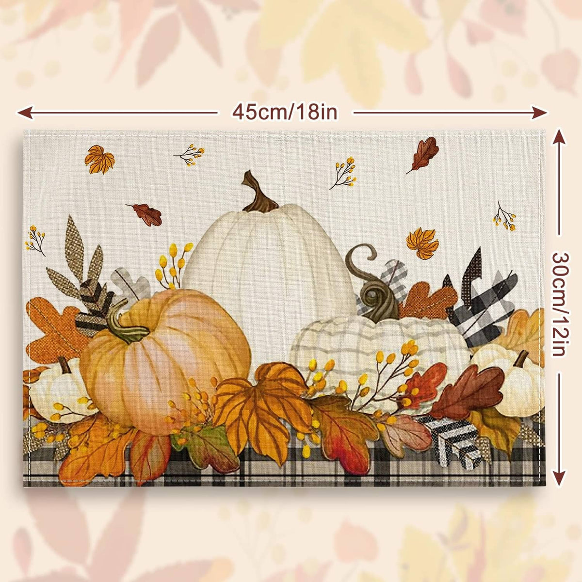 Beige placemat with large pumpkin centerpiece and autumn leaf border design