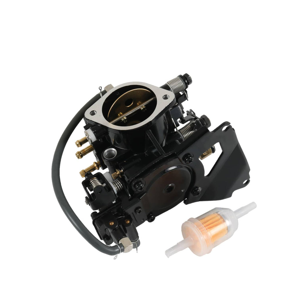 Black carburetor assembly with throttle body, fuel line, and metal mounting bracket