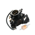 Black carburetor assembly with throttle body, fuel line, and metal mounting bracket