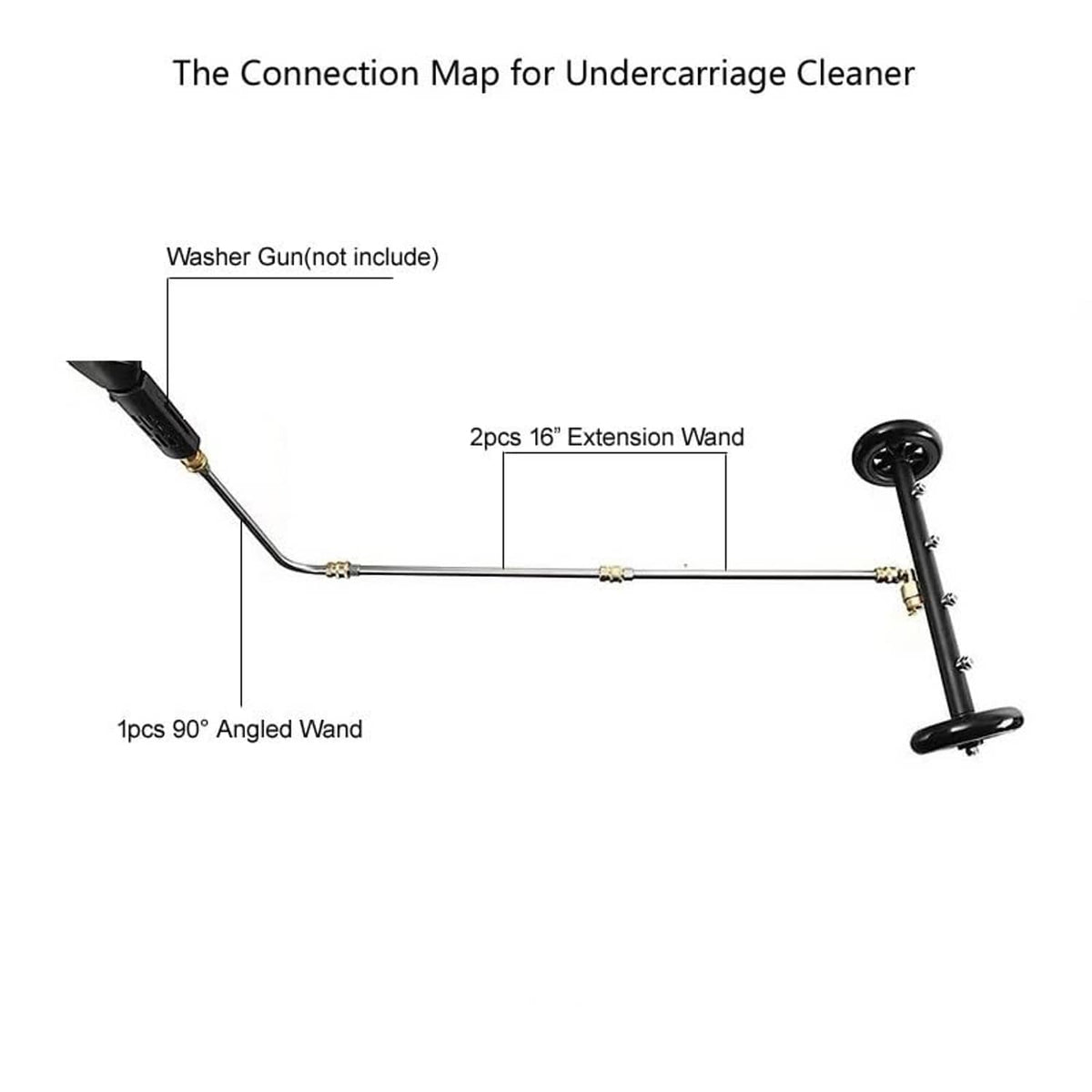 Undercarriage cleaner connection diagram with angled wand and two 16 in extension wands