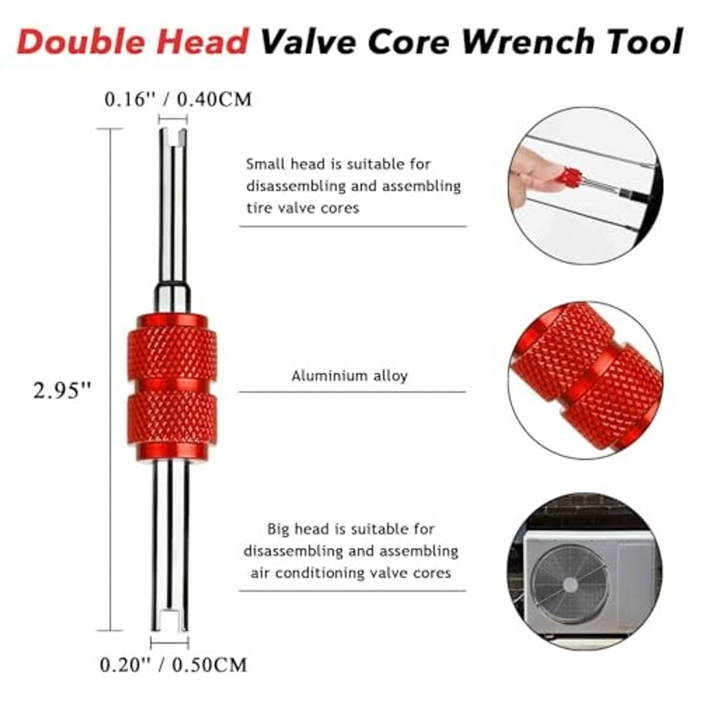 Double-head valve core wrench tool with red handle and two steel prongs
