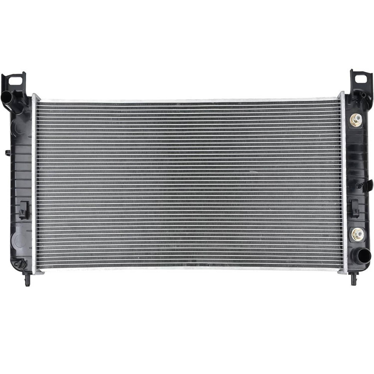 Front view aluminum radiator with dense cooling core and black mounting ends