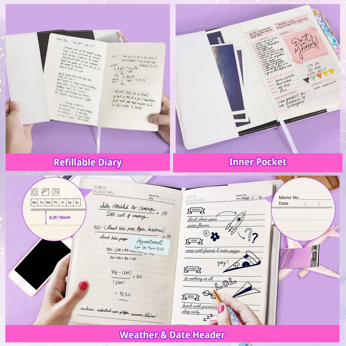 Purple diary open with inner pocket, refillable pages, and bookmark section