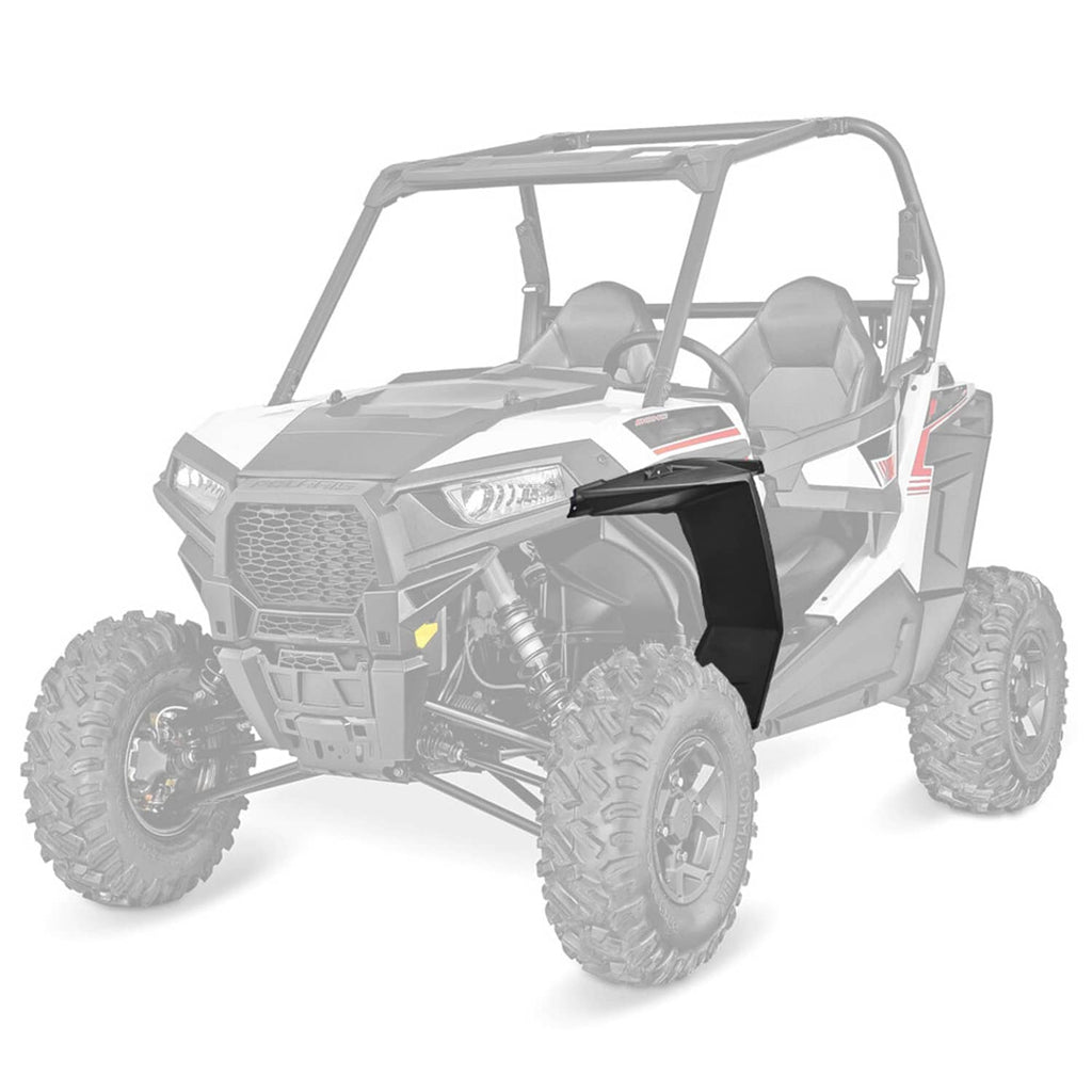 Black front fender flare pair on a white UTV, exterior view from the front-left