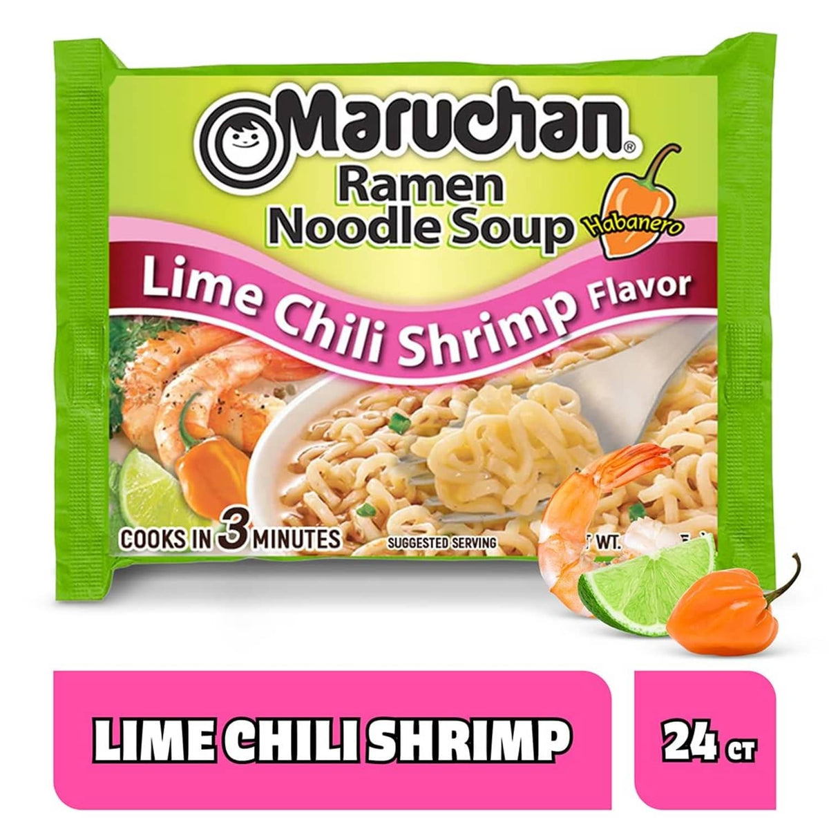 Maruchan lime chili shrimp ramen noodle soup packet with shrimp and lime artwork