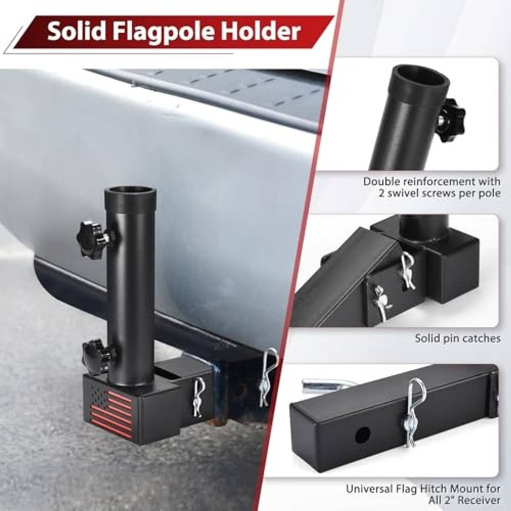 Black hitch-mounted flagpole holder with reinforced base and safety pin clips