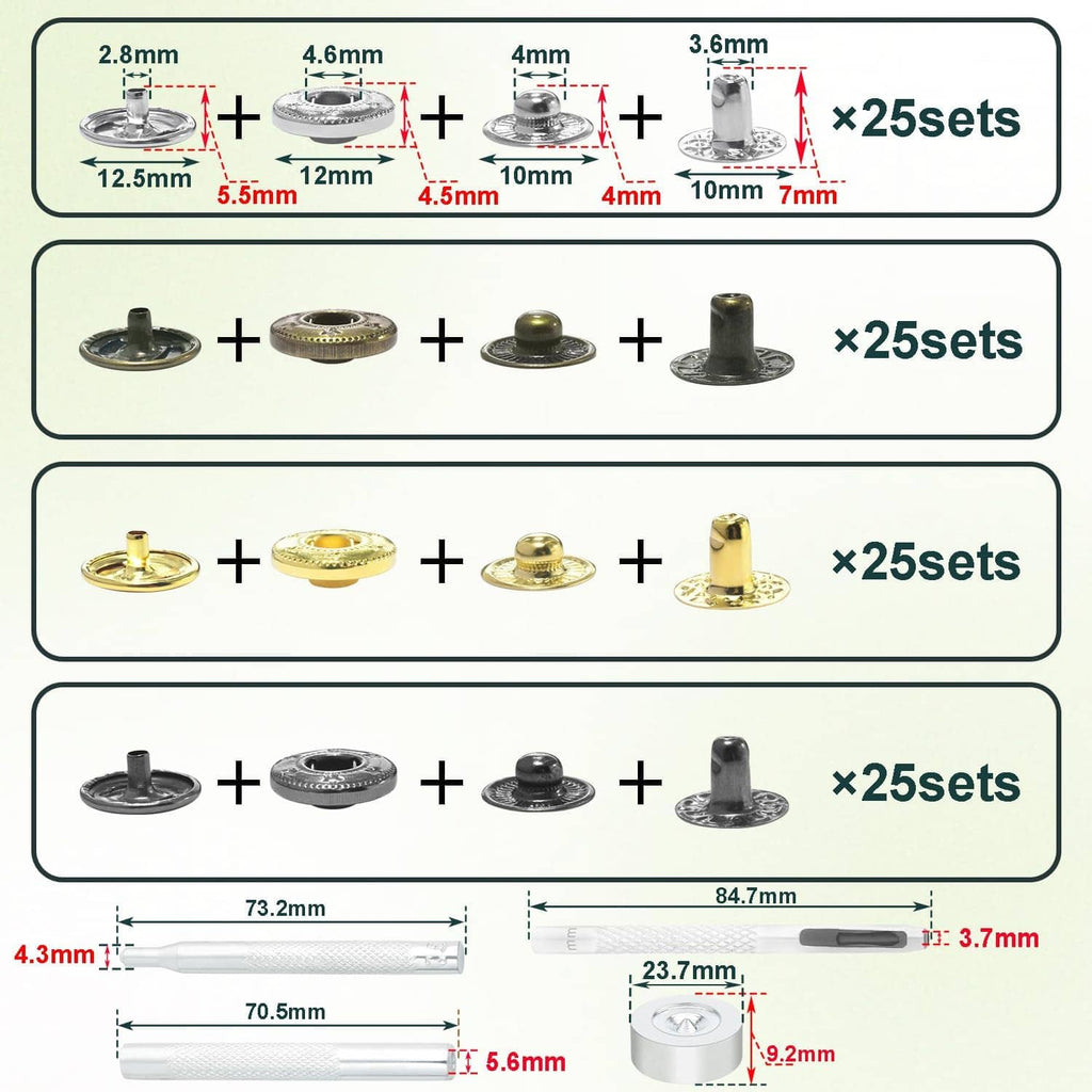 Snap button kit parts diagram showing stud and socket placement and set groupings