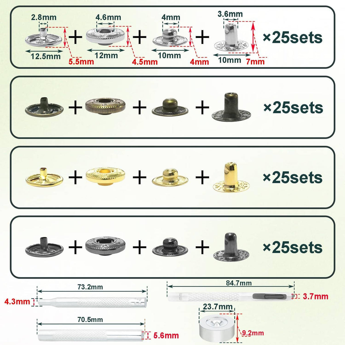 Snap button kit parts diagram showing stud and socket placement and set groupings