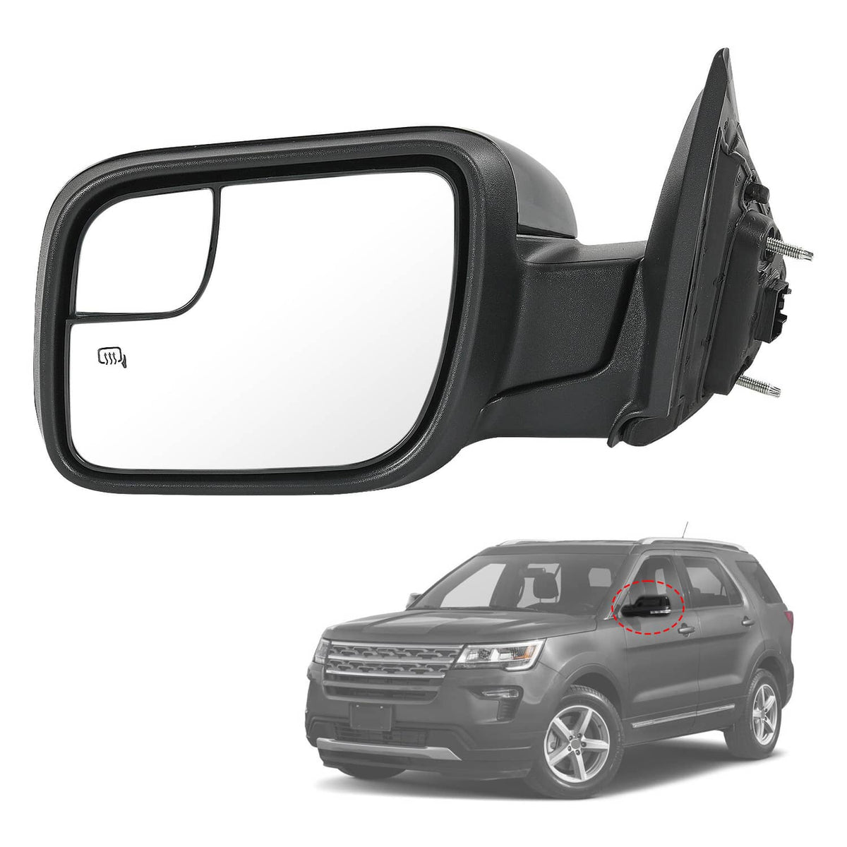 Driver-side heated side mirror with black housing and reflective glass
