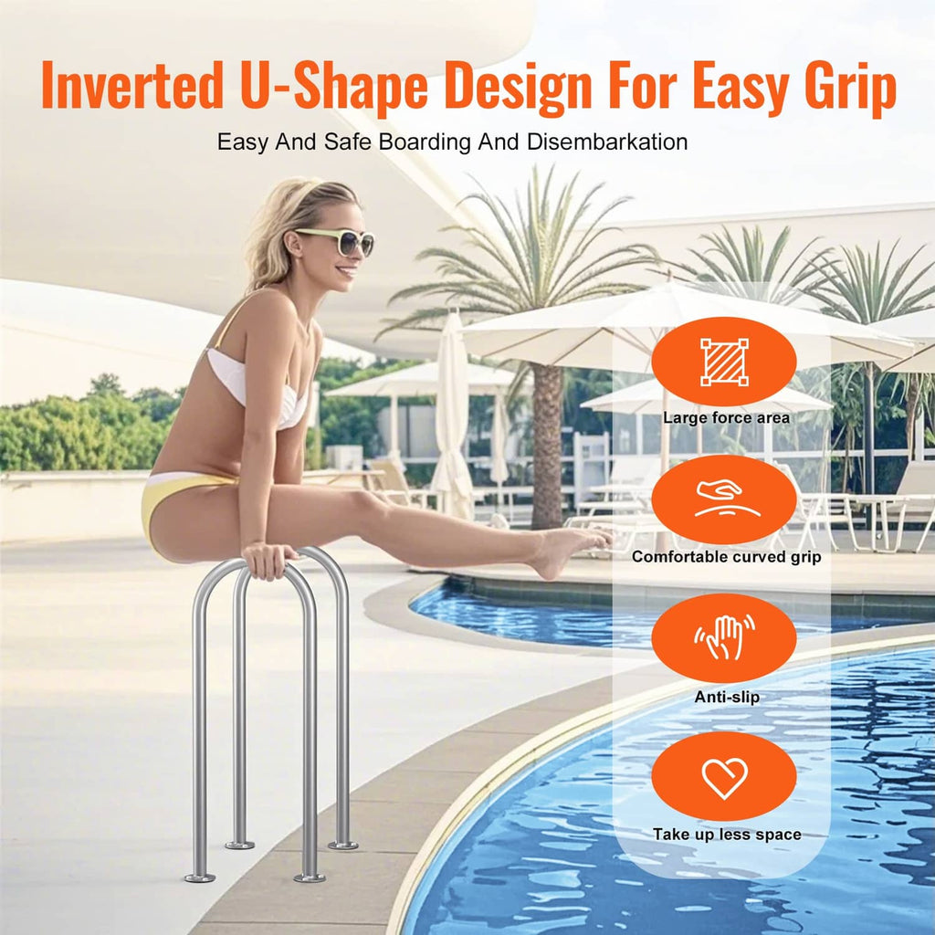 Curved silver-gray aluminum handrails with anti-slip grip design for pool boarding