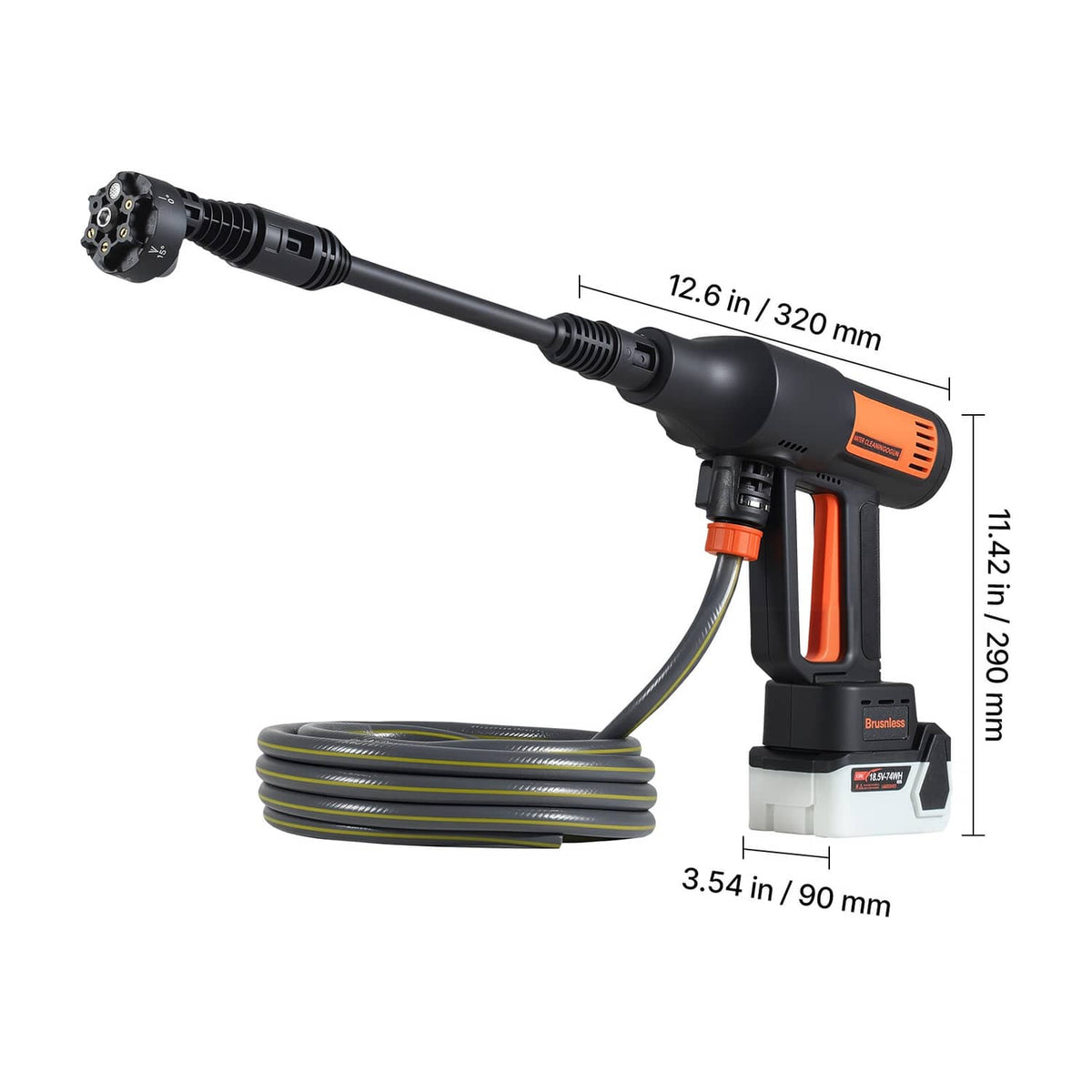 Cordless pressure washer spray wand with coiled hose and compact battery base