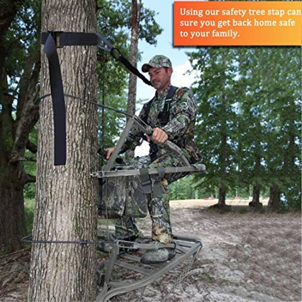 Navy tree strap securing a treestand setup to a tree trunk
