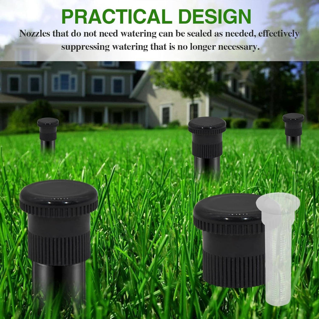 Black sprinkler shutoff nozzle heads with white cap insert, multiple units