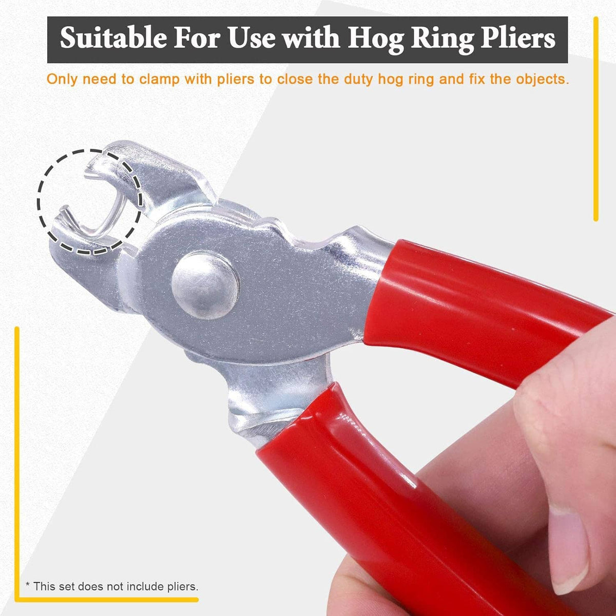 Hog ring pliers with red handles holding a U-shaped galvanized ring