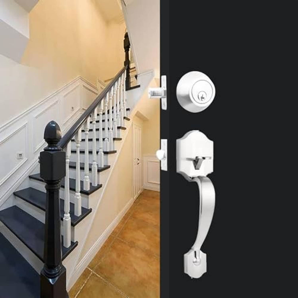 Deadbolt lock hardware diagram with satin nickel round exterior and keys