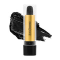 Lipstick bullet open in clear case, black cap and gold tube, dark glossy smudge