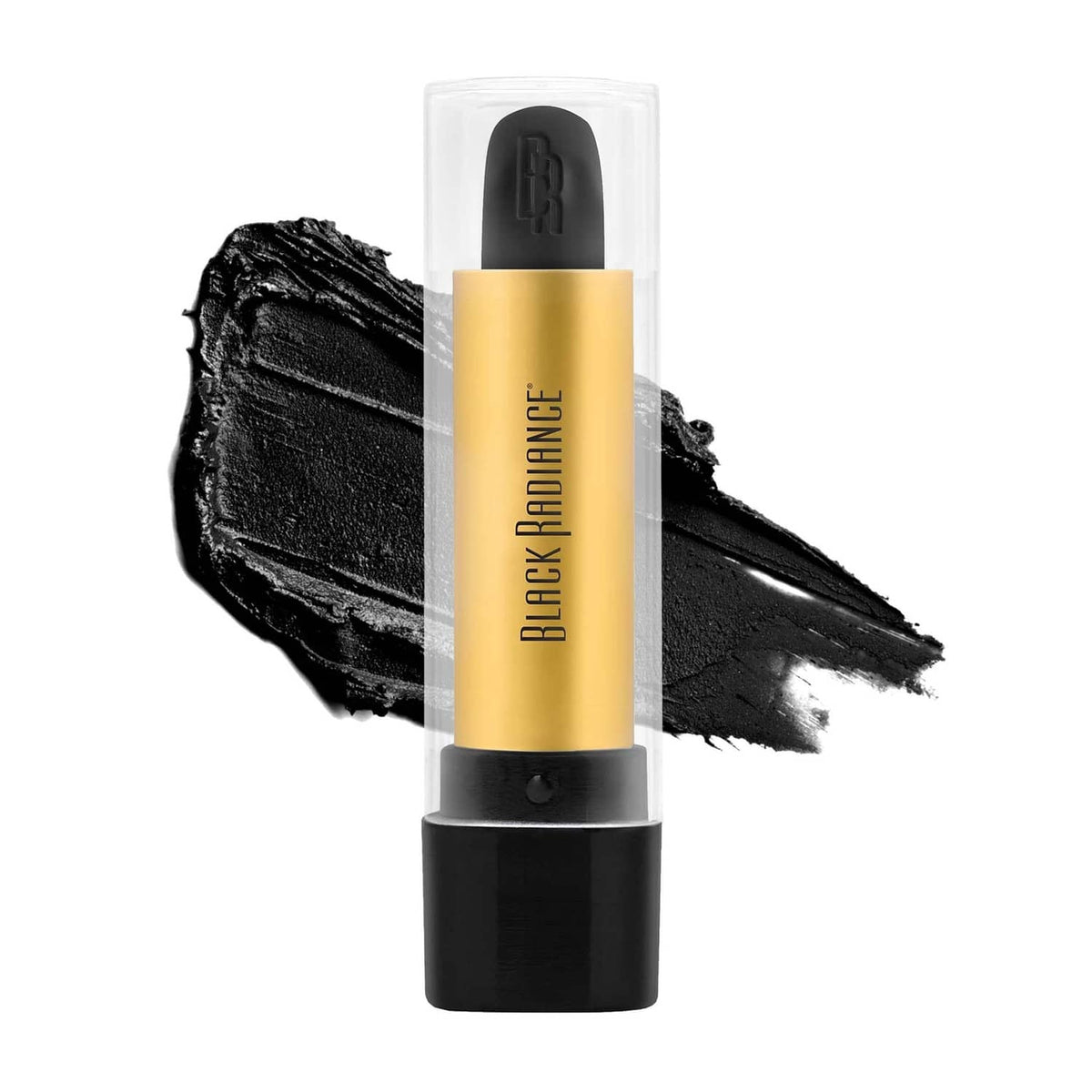 Lipstick bullet open in clear case, black cap and gold tube, dark glossy smudge