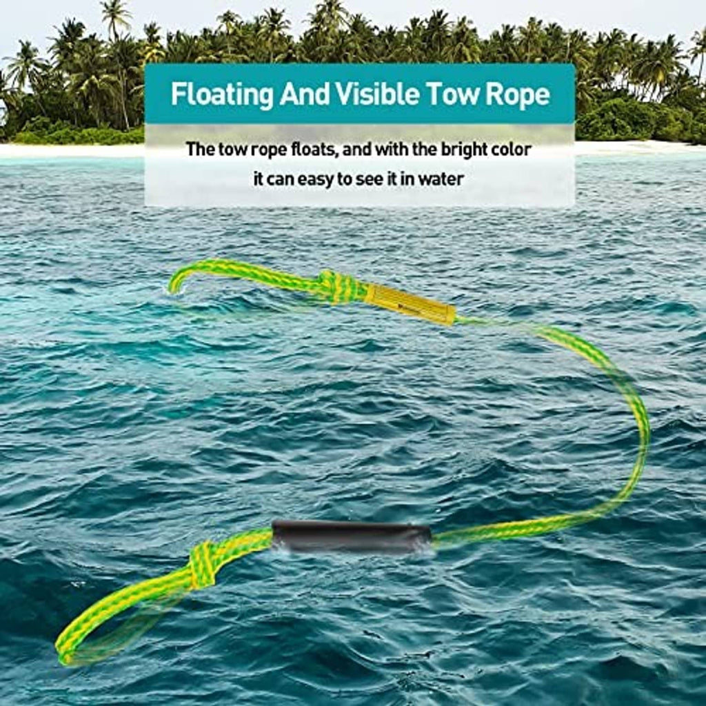 Floating bright green tow rope with loop end in the water