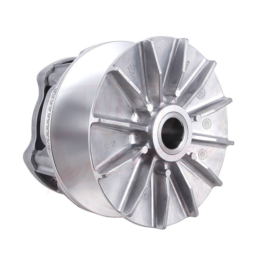 Metal primary drive clutch assembly with outer finned housing and center bore