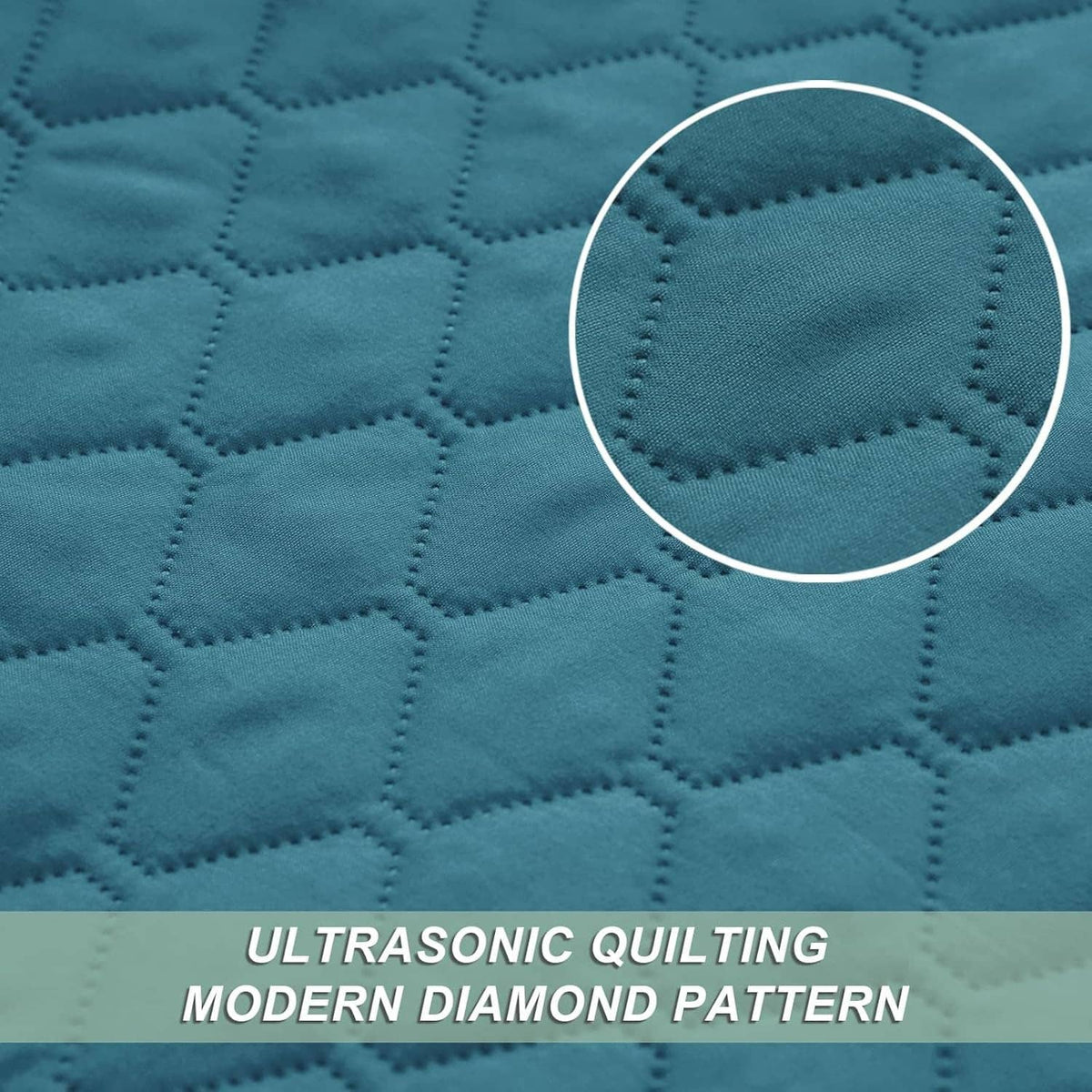 Teal quilt fabric with modern diamond stitching detail, close-up