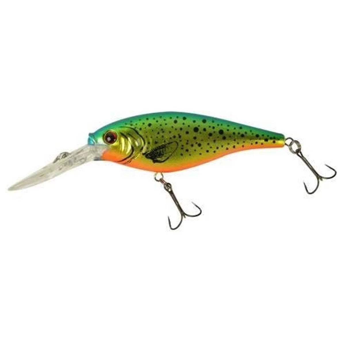 Speckled green-orange crankbait with clear diving lip and two treble hooks
