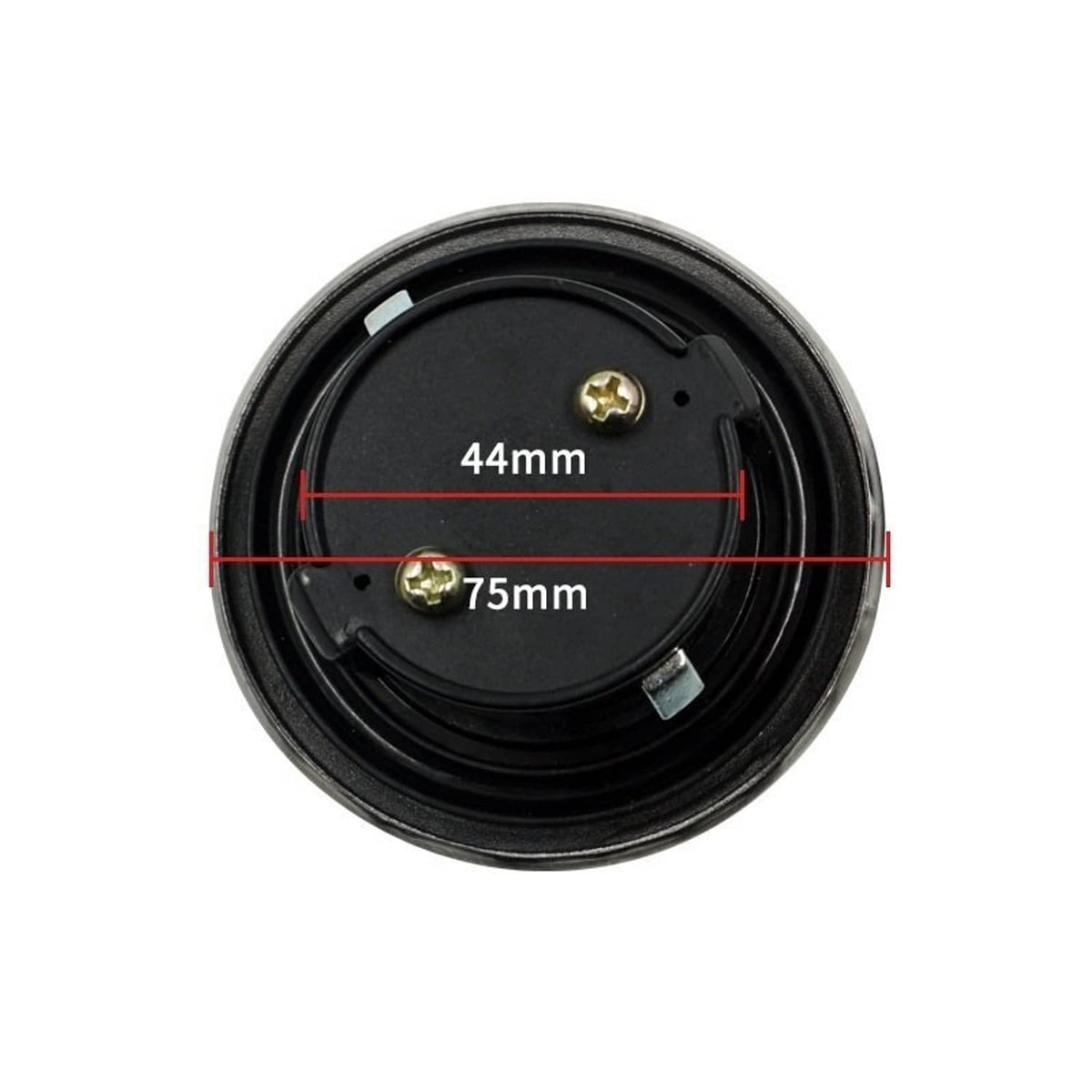 Fuel gas cap underside showing 44 mm and 75 mm measurements
