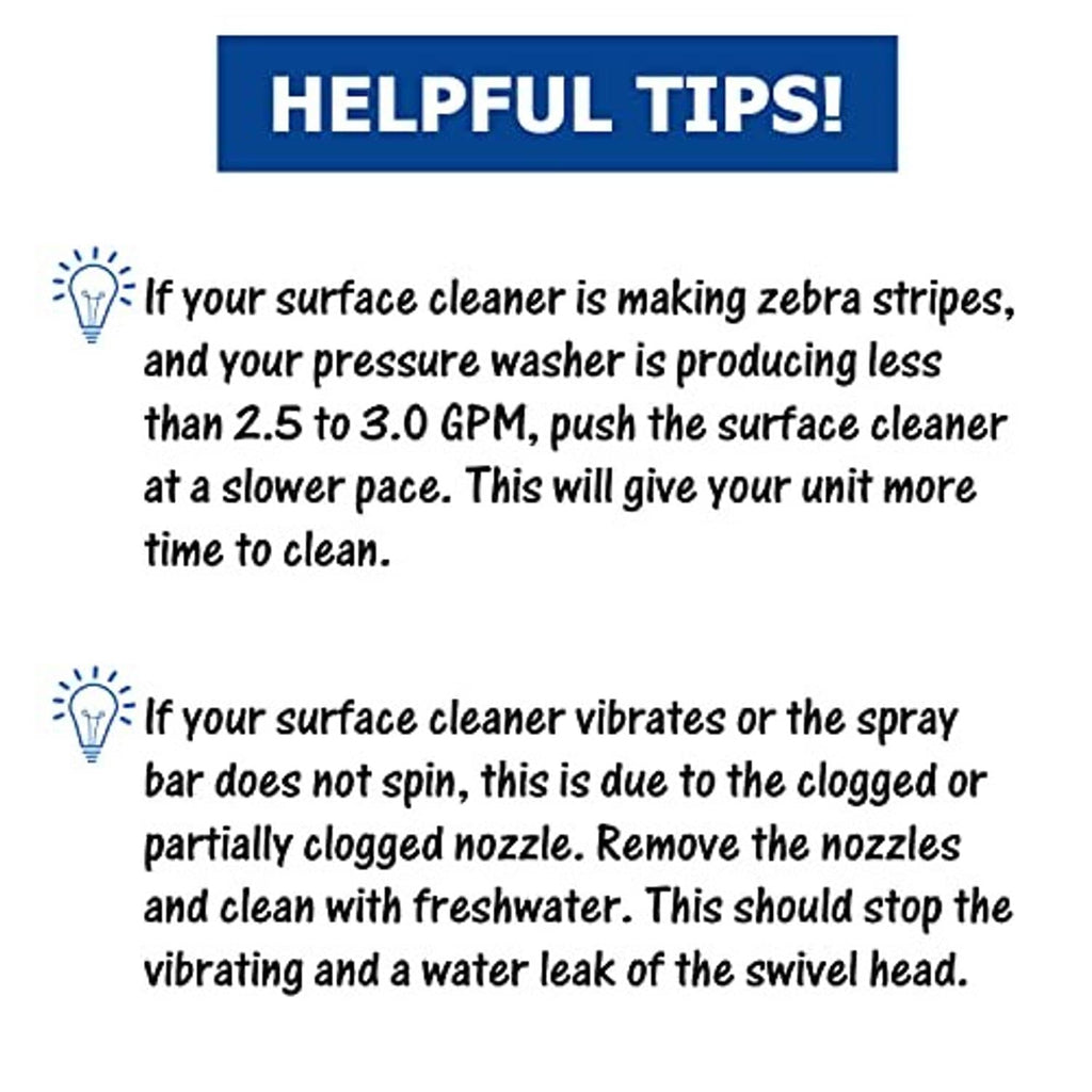 Helpful tips sheet for pressure washer surface cleaner nozzle troubleshooting