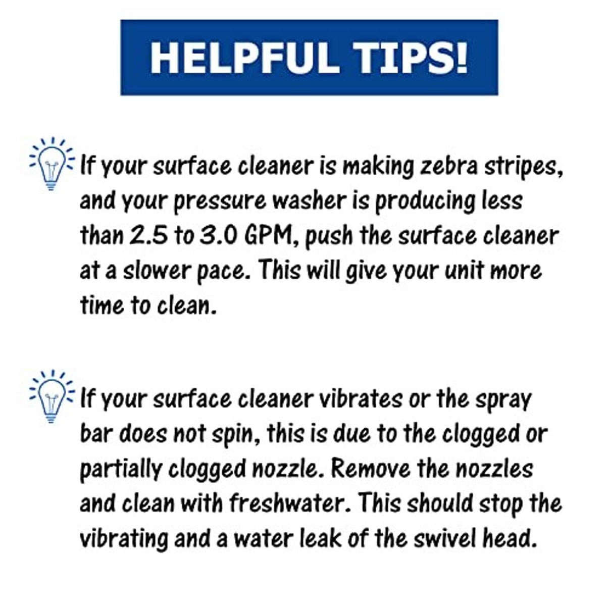 Helpful tips sheet for pressure washer surface cleaner nozzle troubleshooting