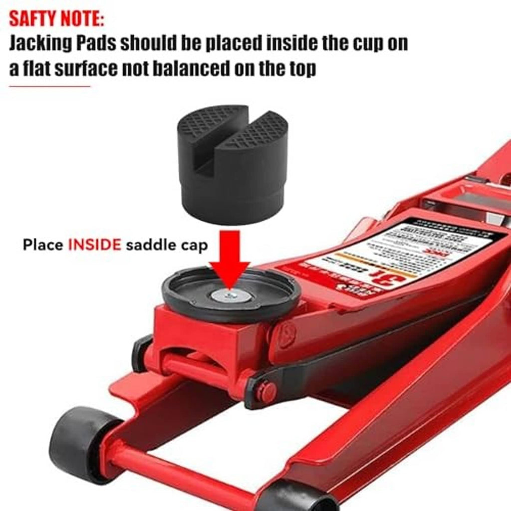 Black jack pad adapter cup insert with raised center and grid-pattern tread.